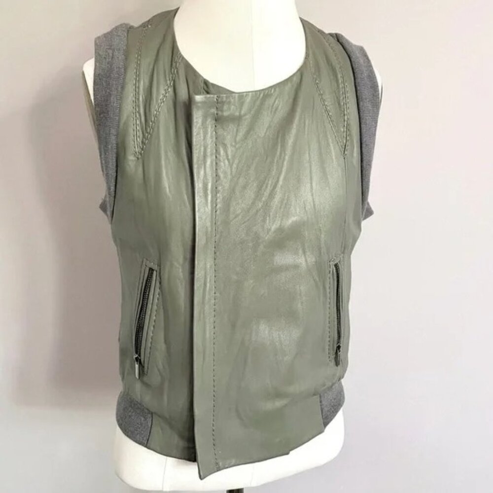 BCBG Max Azria Gray Green Leather Merino Wool Sweater Side Zip Biker Vest - S